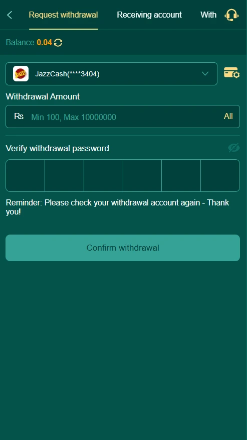 PK365 Game Withdrawal Page